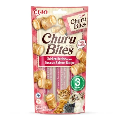 Immagine di INABA Churu Bites Bocconcini di Pollo con Cuore Tonno e Salmone 1 Pack (3 Stick x 10gr) Snack per Gatti Morbido Cremoso Cibo Senza Conservanti o Coloranti Artificiali, Grain Free