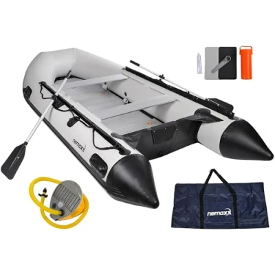 Immagine di Nemaxx Gommone Professionale 330 cm per 5 Persone, imbarcazione Gonfiabile da Pesca, con Fondo in Alluminio e 2 sedute, Inclusi Remi Pompa ad Aria, di Colore Grigio