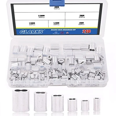 Immagine di Glarks 210Pcs 6 Dimensioni Alluminio Doppio Barrel Puntale Crimping Loop Sleeve per Fune e Cavo Linea Fine Assortimento Kit