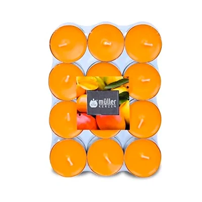 Immagine di Müller Tealights Candele Profumate Fragranza Exotic Fruits 39 x 15 mm Durata 4 Ore Lumini di Cera Colore Arancione Set 24 Candeline