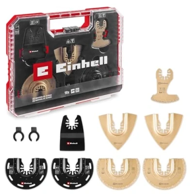 Immagine di Originale Einhell Set multiutensile XL PLUS CASE da 10 pezzi (lama semitonda HCS, lama TCS, raspa a delta segmenti raschietto rigido, adattatore Dremel)