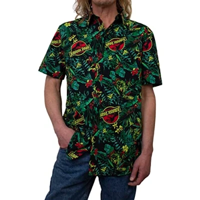 Immagine di Jurassic Park Modello Raptor Camicia Button Down, Rapace Tropicale Nero, L Uomo
