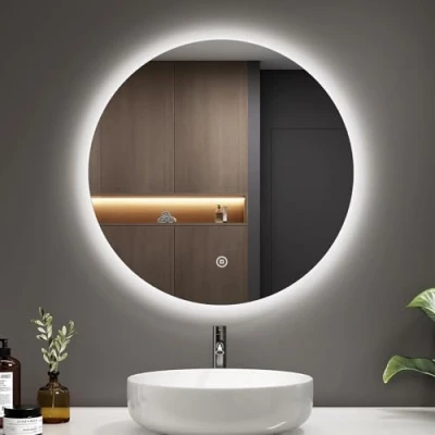 Immagine di EMKE specchio da bagno con illuminazione, rotondo, 50 cm, LED interruttore touch, dimmerabile, 6500 K, spegnimento automatico, 3 ore, rotondo IP44,