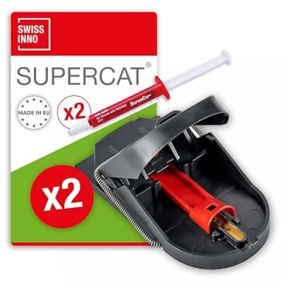 Immagine di SWISSINNO Trappola per Topi PRO SuperCat No colpi a vuoto Efficiente + Riutilizzabile con esca al burro di arachidi Cattura istantanea 2 Trappole Siringhe Esche