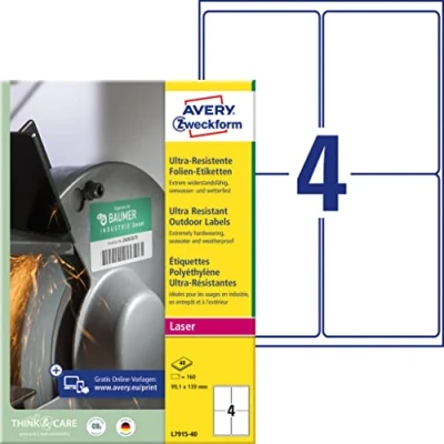 Immagine di Avery Zweckform L7915 40 99.1 x 139 mm Pellicola in polietilene Bianco 160 pz. A tenuta permanente Etichetta universale Laser