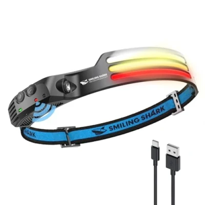 Immagine di Smiling Shark Lampada Frontale, 230Angolo Ampio 3*Strisce Luce Multi Color Super Brillante Ricaricabile Sensore di Movimento Faro Impermeabile Campeggio Outdoor, Torcia Frontale LED Camping