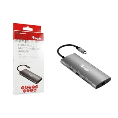 Immagine di Equip 133490 Adattatore multifunzione USB C 9 in 1, HDMI 4K/60Hz, Gigabit LAN, 3.2 GEN1, SD/TF, 100 W PD