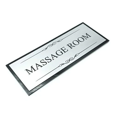 Immagine di Targa per porta in acrilico sala massaggi nera e argento (dimensioni 19,5 cm x 7,6 cm), fornita con strisce adesive