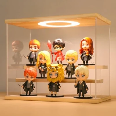 Immagine di Vetrina in Acrilico Trasparente con LED e Interruttore, Teca Plexiglass Contenitori Scatola Espositiva per Collezionismo, Modellismo, Minifigure, Statuette (Legno, 3 Livelli, 30x16x24 cm)