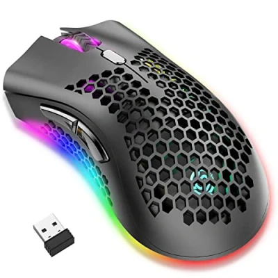 Immagine di mouse da gioco senza fili, per computer con guscio a nido d&#039;ape, 7 tasti programmati, 3 DPI regolabili, ricevitore USB, portatile, ergonomico RGB ottico laptop PC/Mac, nero (nero)