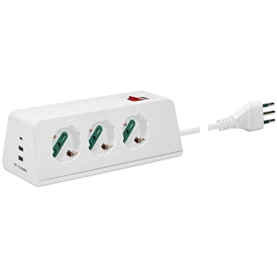 Immagine di VIMAR 00608.CC.B Presa multipla da scrivania con interruttore automatico di protezione e cavo 2m, 3 uscite SICURY universali standard italiano, 2 USB A 1 uscita C, spina 10A, bianco