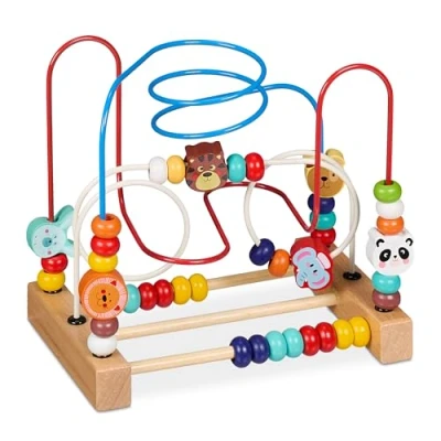 Immagine di Relaxdays Gioco in Legno per Bambini, Labirinto Cubo Muliattività Bimbi 1 Anno, Motricità Neonato, Design B Colorato, 21 x 22,5 14,5 cm