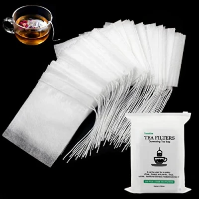Immagine di 100 sacchetti biodegradabili per il tè, filtranti usa e getta, in fibra di mais vuota, con chiusura a cordoncino, foglie foglia tè (9 x 7 cm) (100 pezzi)