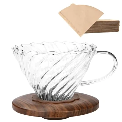 Immagine di Lalord Dripper per caffè con filtro in carta misura 02, 100 pezzi, vetro borosilicato e collare noce, caffettiera a goccia, 1 3 tazze, trasparente (gocciolatore di caffè)