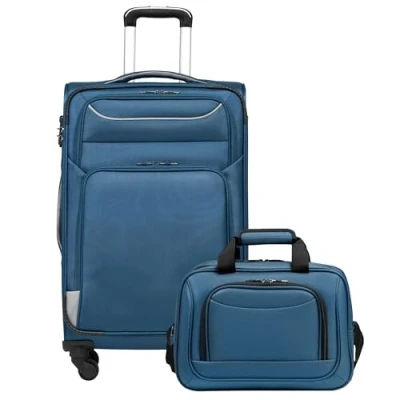 Immagine di COOLIFE valigia trolley da viaggio di 4 ruote in tessuto bagaglio a mano serratura TSA La contiene 1 grande borsa tracolla, blu+argento, Mittlerer Koffer Set 2tlg,