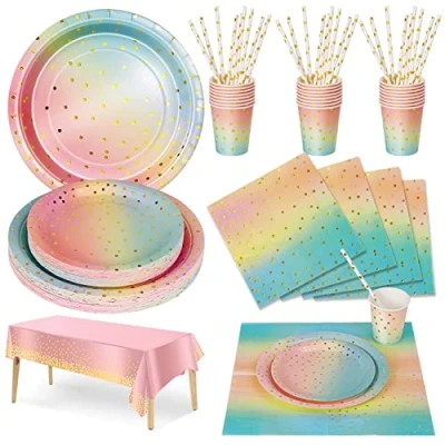 Immagine di Nkaiso 126 Pezzi Arcobaleno Oro Stoviglie per Feste, Festa Decorazioni Set Include Piatti di Carta Tovaglioli Tazze Cannucce Tovaglia,per Nuziale Matrimonio,Compleanno 25 Ospiti