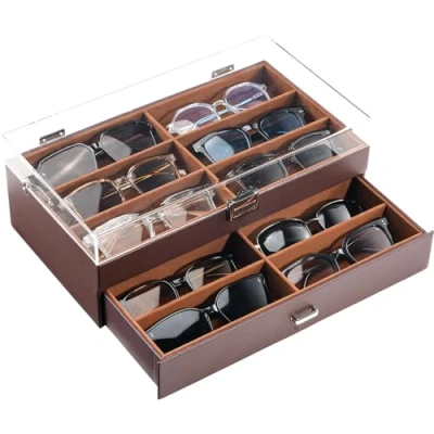 Immagine di ProCase Porta Occhiali Multiplo 2 Strati, Scatola da Sole in Pelle 12 Slots, Espositore Portaocchiali Organizer per Donna Uom Espresso