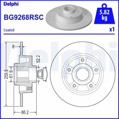 Immagine di DELPHI BG9268RSC Disco freno 260 8 5 pieno rivestito non trattato con cuscinetto ruota, anello sensore ABS, supporto/cuscinetto