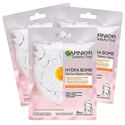Immagine di 3x Garnier SkinActive Hydra Bomb Maschera Viso in Tessuto Idratante e Lenitiva con Camomilla Acido Ialuronico 3 Confezioni da 1 Applicazione