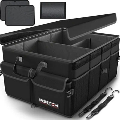 Immagine di FORTEM Organizer Bagagliaio Auto, Auto e SUV Multi Scomparto Pieghevole, Bagagliaio, Fondo Antiscivolo, Cinghie Regolabili, Coperchio Pieghevole (Nero, Standard)