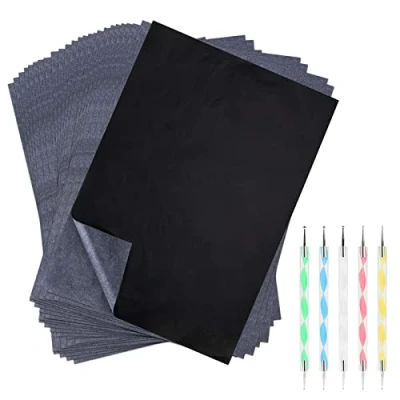 Immagine di 100 Fogli Carta Carbone Nera Copiativa per Tessuti Disegno Tela Legno e Altre Superfici Artistiche con 5 Pezzi Stilo Goffratura