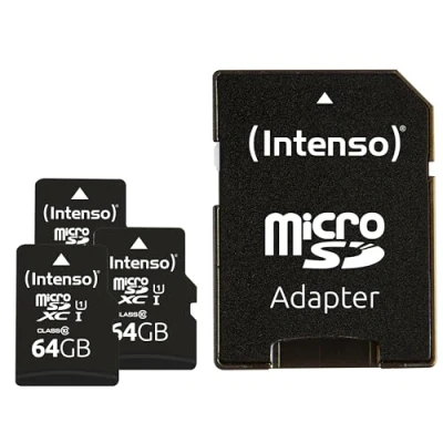 Immagine di Intenso Scheda di memoria MicroSDXC 3X 64GB Classe 10 UHS I con adattatore SD (fino a 90 MB/s), nero