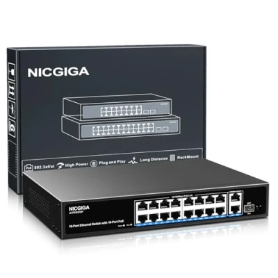 Immagine di Switch PoE a 16 porte non gestito,PoE 250W,2 uplink Gigabit,1 porta SFP,switch di rete Power Over Ethernet NICGIGA 19 porte,modalità VLAN,AI Watchdog,montaggio su rack da pollici