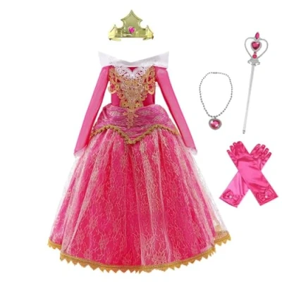 Immagine di Lito Angels Vestito Principessa Aurora per Bambina Costume Bella Addormentata con Accessori Taglia 5 6 Anni, Rosa Caldo, Manica Lunga (Etichetta in Tessuto 120)