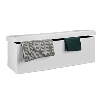 Immagine di Relaxdays Pouf Pieghevole con Contenitore XXL, Panca Divanetto Portaoggetti, Lino, HxLxP 38 x 114 cm, Bianco