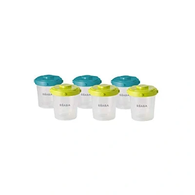 Immagine di BÉABA Set di 6 Vasetti per Conservazione, Impilabili, Chiusura a Scatto, Ermetici, Graduati, Compatibili con congelatore, x 200 ml, Blu/Giallo