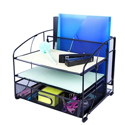 Immagine di Exerz Organizzatore Da Scrivania In Rete Forniture Per Ufficio 3 Vassoi/Portadocumenti Tavolo Con Cassetto Scorrevole E Supporto Cartelle Sospese/Selezionatore Di Carta (Nero Nuovo)
