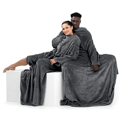 Immagine di DecoKing Coperta con Maniche per TV in Microfibra e tasca Morbido Poliestere Grigio 170 x 200 cm Lazy