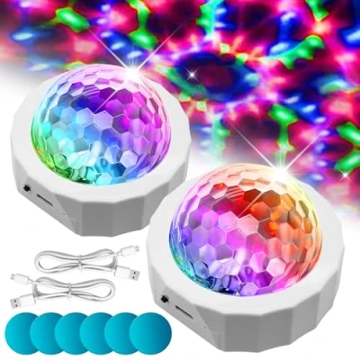 Immagine di mini sfera da discoteca, 2 pezzi, 5 V, luce portatile, luci LED d&#039;atmosfera, batteria per feste di compleanno, club