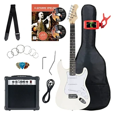 Immagine di Rocktile ST Pack Set Chitarra Elettrica Bianca Kit Completo per Chitarre Elttriche con Amplificatore 25W, Custodia Morbida, Accordatore, Cavo, Tracolla, Plettri White Highgloss