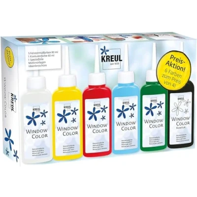 Immagine di KREUL 42847 Window Color Promotional Set, 5 flaconi di vernice per finestre da 80 ml, 1 flacone contorni foglio plastica speciale e modelli disegno