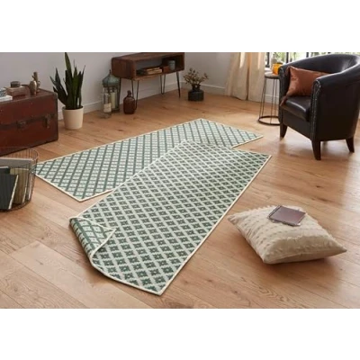 Immagine di NORTHRUGS Tappeto reversibile Nizza, resistente alle intemperie, moderno motivo geometrico, per balcone, terrazza, giardino, giardino d&#039;inverno, soggiorno, impermeabile, in verde, crema, polipropilene, 80 x 350 cm
