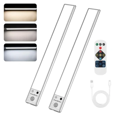 Immagine di EverBrite Luce LED 2 Pezzi con Sensore di Movimento, Ricaricabile Telecomando, 78 LED, 3 Modalità, Batteria 2200mAh, Regolabile 3000K/4000K/6500K, per Armadio, Scala, Cucina, Corridoio