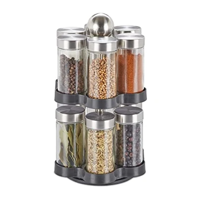 Immagine di Relaxdays Porta spezie da Cucina Girevole con 12 Barattoli, Organizer Rotante a 360 Salvaspazio, Acciaio, Argento Nero, 1 pz