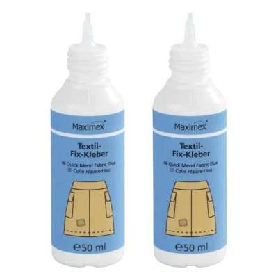 Immagine di Maximex Textil Fix Adesivo per tessuto, ideale tutti i tessuti, senza ago e filo, cuciture tappi sintetici, lavabile lavabile, 2 x 50 ml