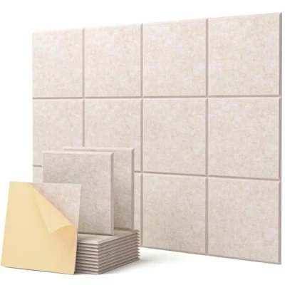 Immagine di Pannelli acustici autoadesivi, 12 pezzi, isolamento acustico, da parete ad alta densità, in poliestere, design smussato, per pareti, soffitti, legno e porte, 30 x 0,9 cm (beige)