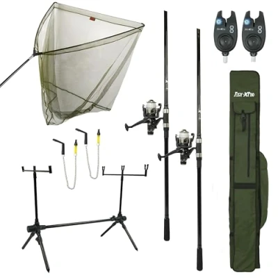 Immagine di FISH XPRO Carp Set Deluxe 2 Rod Il da pesca più completo canne carpa Avvisatori di abboccata pod Supporti posteriori Borsone Guadino 42 pollici