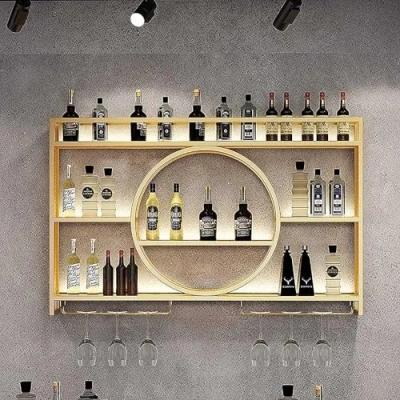 Immagine di Portabottiglie da Parete in Arte del Ferro,Portabottiglie a Parete, Porta Bottiglie di Vino Moderno con Calici Design Multi Gancio Ripiani Bar Mobile Esposizio