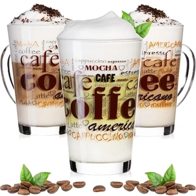 Immagine di PLATINUX bicchieri da caffè con motivo max. 350 ml Set 3 pezzi in vetro latte macchiato manico per cappuccino