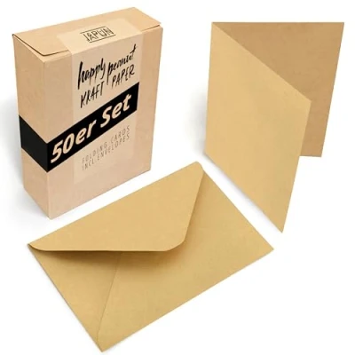 Immagine di Japun Set di 50 biglietti pieghevoli vuoti incluse buste, carte pieghevoli, per disegnare, etichettare o stampare DIN A6 / C6 marrone