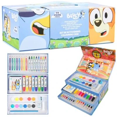 Immagine di Bluey Valigetta Colori per Bambini, 140+ Pezzi, da Viaggio Bambini in (Blu 3 livelli)