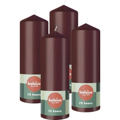 Immagine di Bolsius candele a pilastro, rosso scuro, confezione da 4, 20 x 7 cm, decorative per la casa, lunga durata di 75 ore, non profumate, 5% cera vegana naturale, senza olio palma