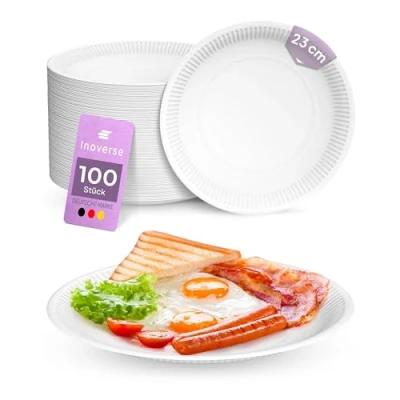 Immagine di Inoverse 100 piatti di carta, bianchi, usa e getta, rotondi, 23 cm, ecologici, stoviglie da torta, monouso in cartone, carta