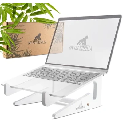 Immagine di MY FAT GORILLA supporto per laptop in bambù, universale ergonomicamente stabile notebook, compatibile 10 15 pollici (bianco)