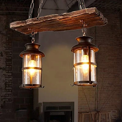 Immagine di HYQJUNE E27 Lampada A Sospensione Industriale Vintage da Tavolo in Legno 2 Teste Lampadario Soggiorno Luci Pendenti Bar Soffitto Regolabile Altezza Studio Decorativa