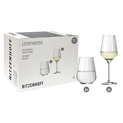 Immagine di RITZENHOFF 6111010 Set di bicchieri da vino bianco e acqua, serie taglio a stella, 12 pezzi per 300 ml, elegante, made in Germany, trasparente